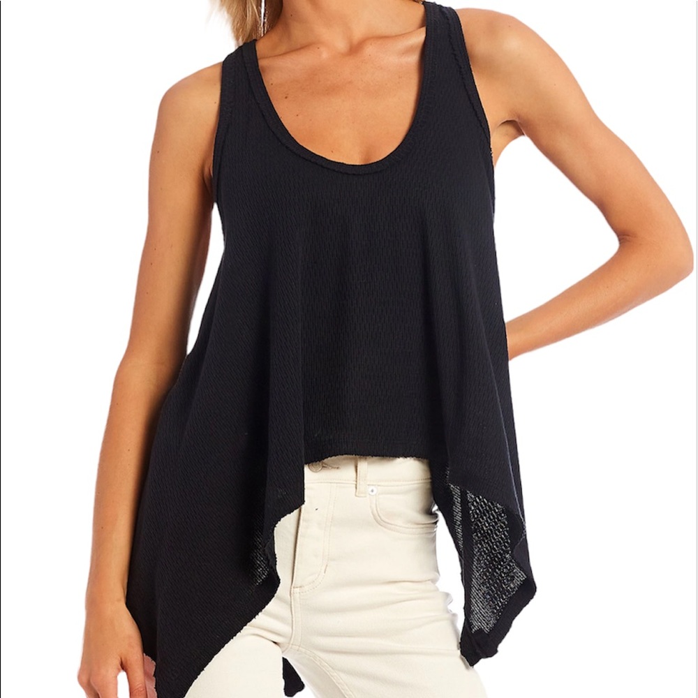 FREE PEOPLE Sing La La Black Scoop Neck Sleeveless A Asymmetric Hem Waffle Knit
